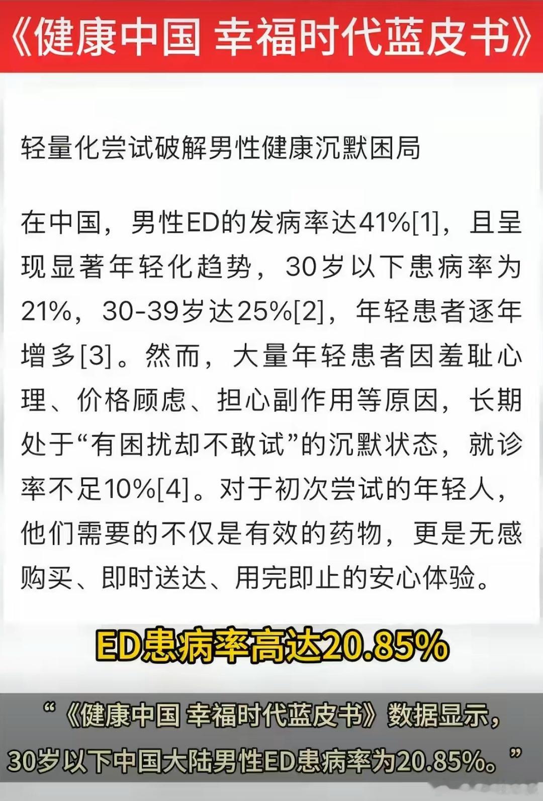 30岁以下男性患ed率超20%最近《健康中国 幸福时代蓝皮书》里的一组数据，戳中