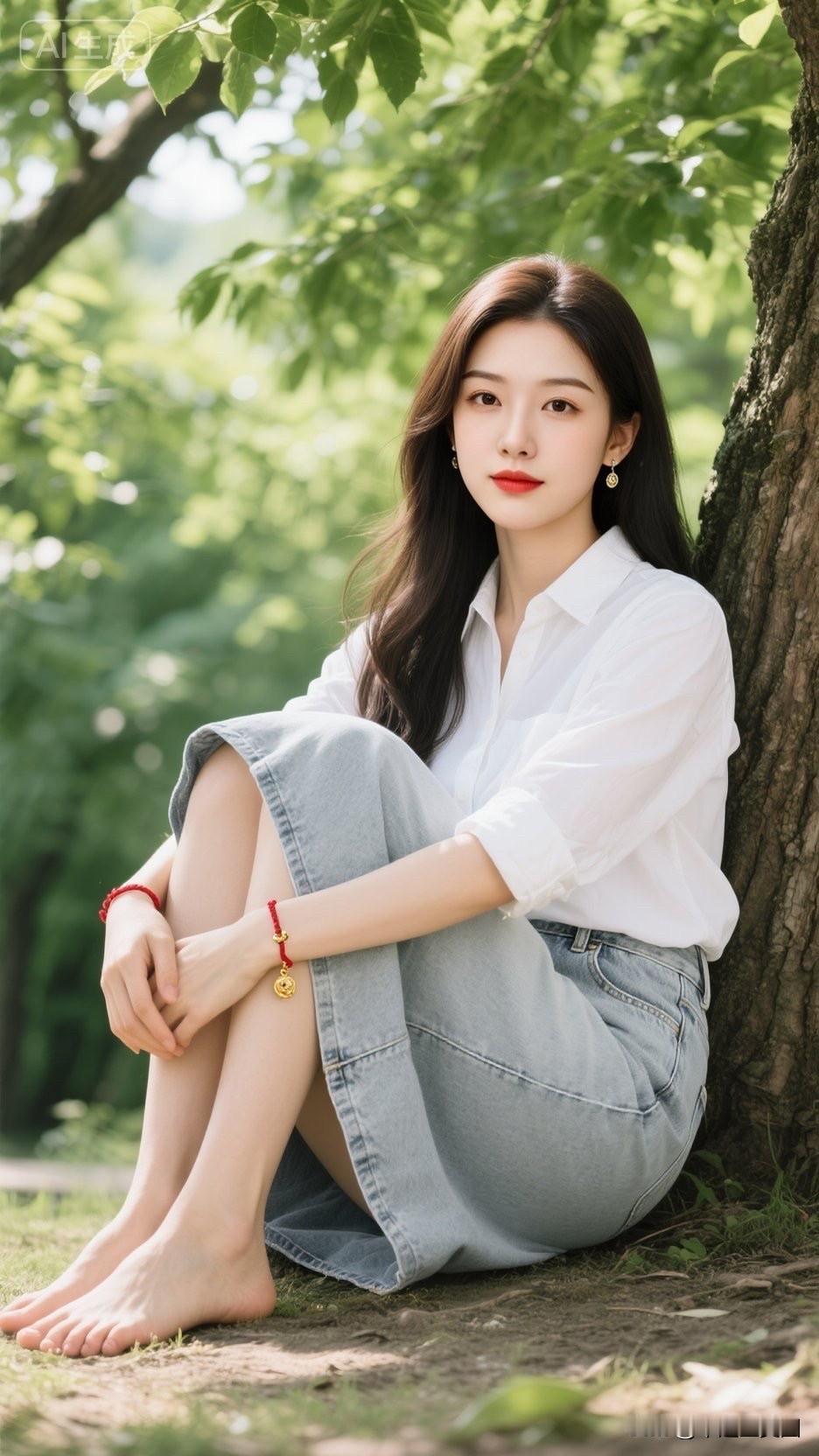 阳光下的清新少女，白色衬衫与牛仔裙的完美搭配，自然又优雅。