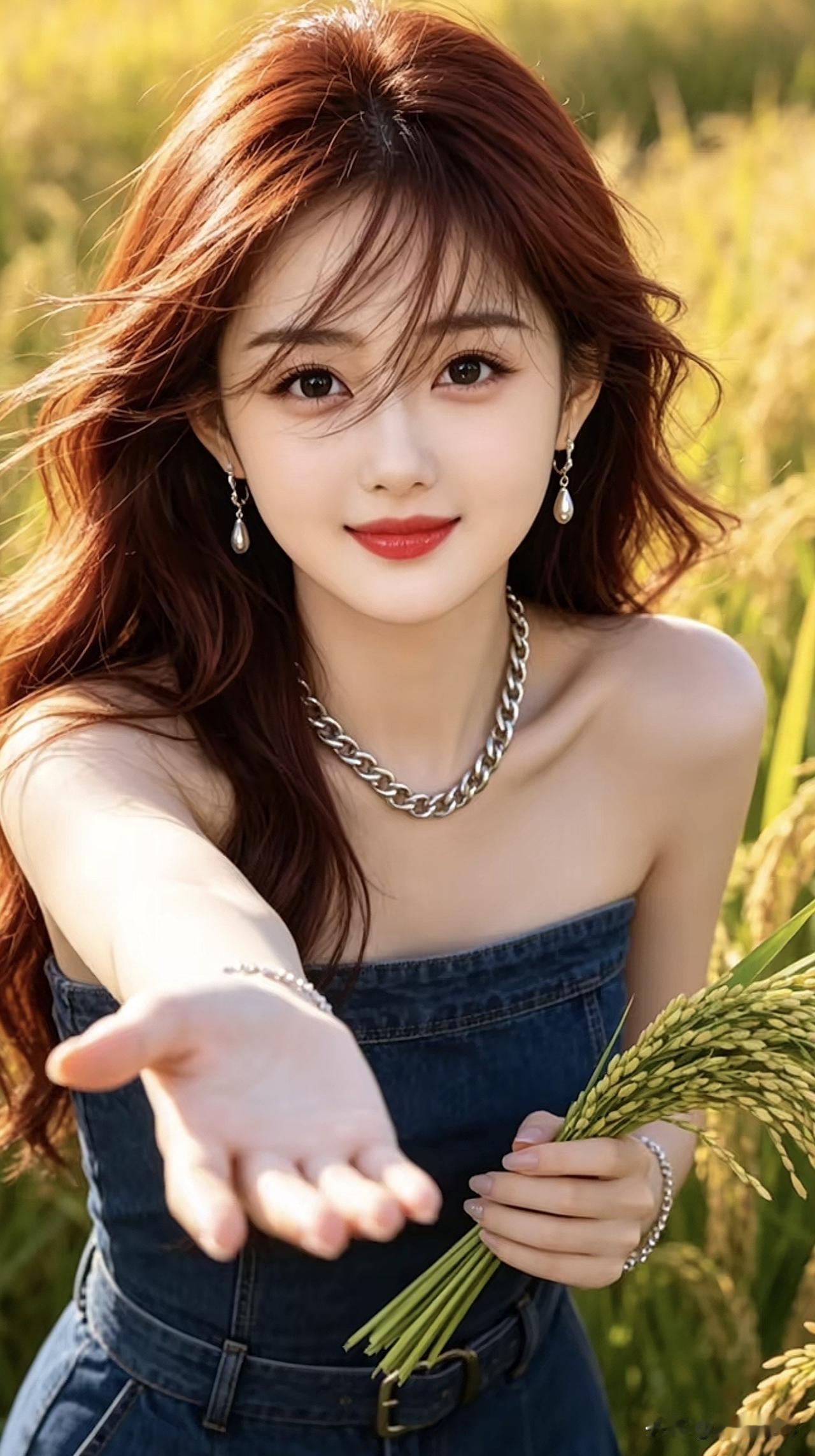 田园少女，手捧麦穗，微笑迎接美好时光。田园里的美女 麦田劳作少女 曲靖阿诗玛雕塑