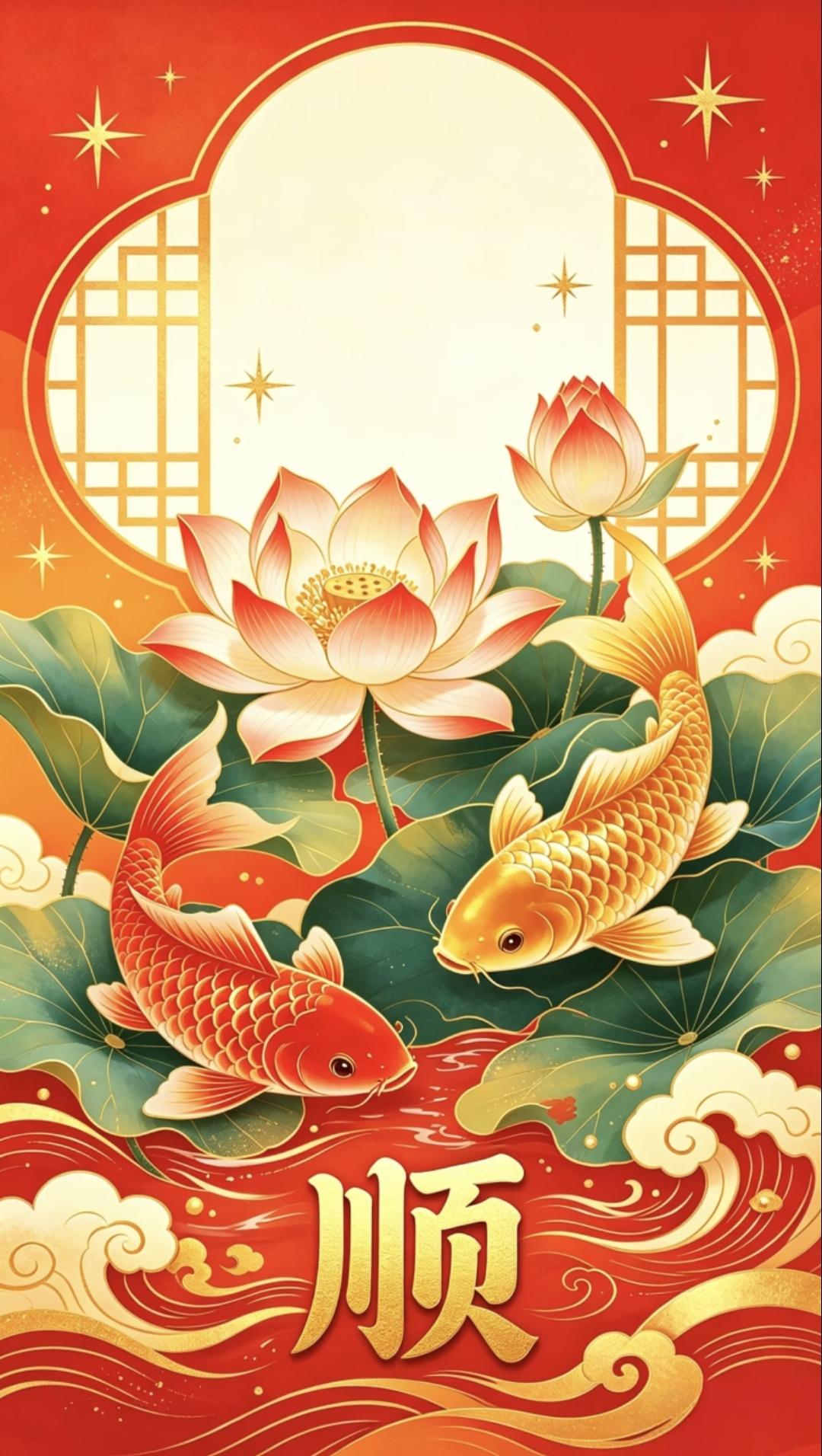 锦鲤戏莲好运到，步步登高路逍遥。
锦鲤跃动，莲花盛开，好运撞个满怀！愿你万事顺遂