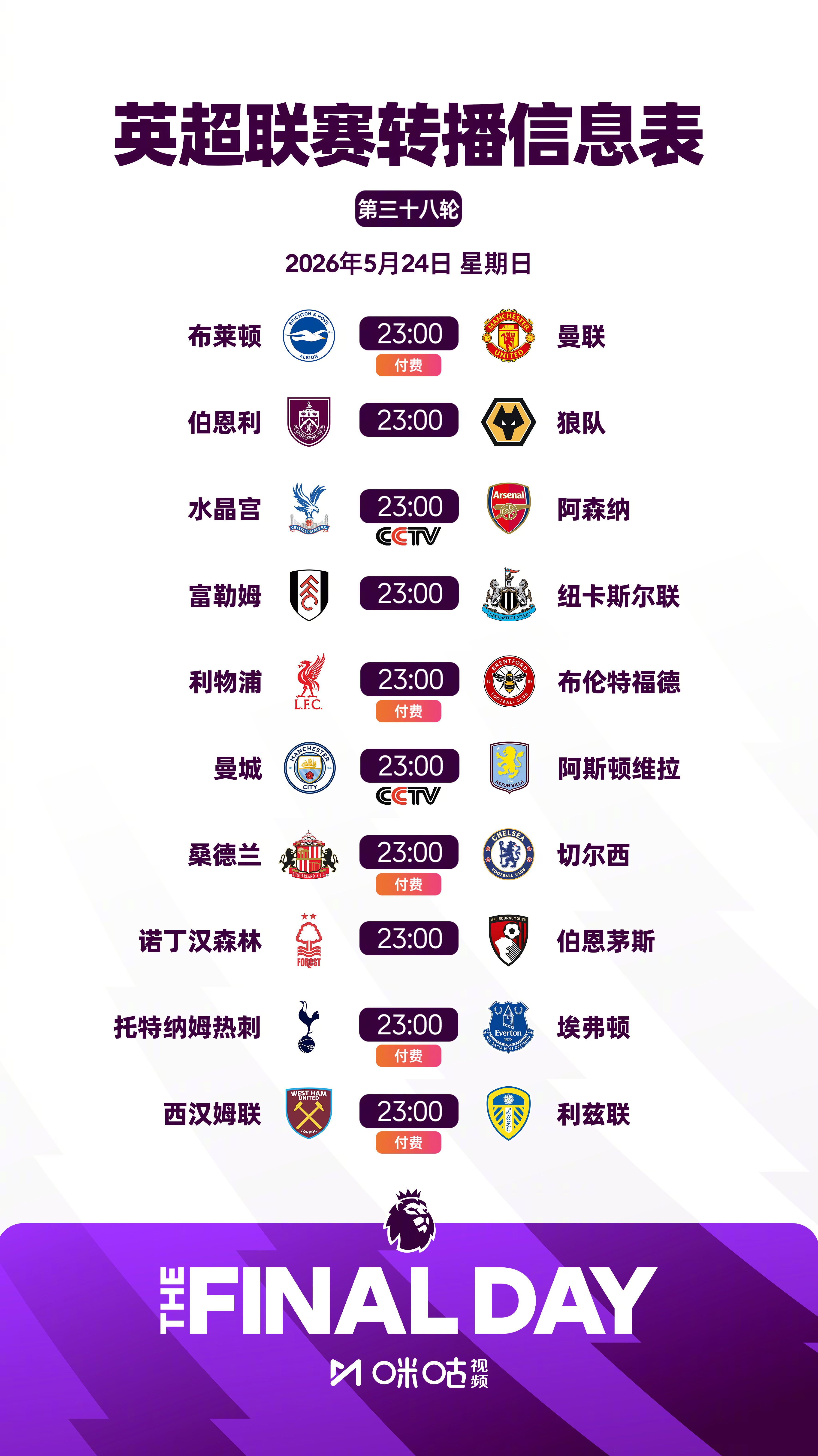 2025/26赛季英超第38轮转播信息保级大战： v  埃弗顿    v  利兹