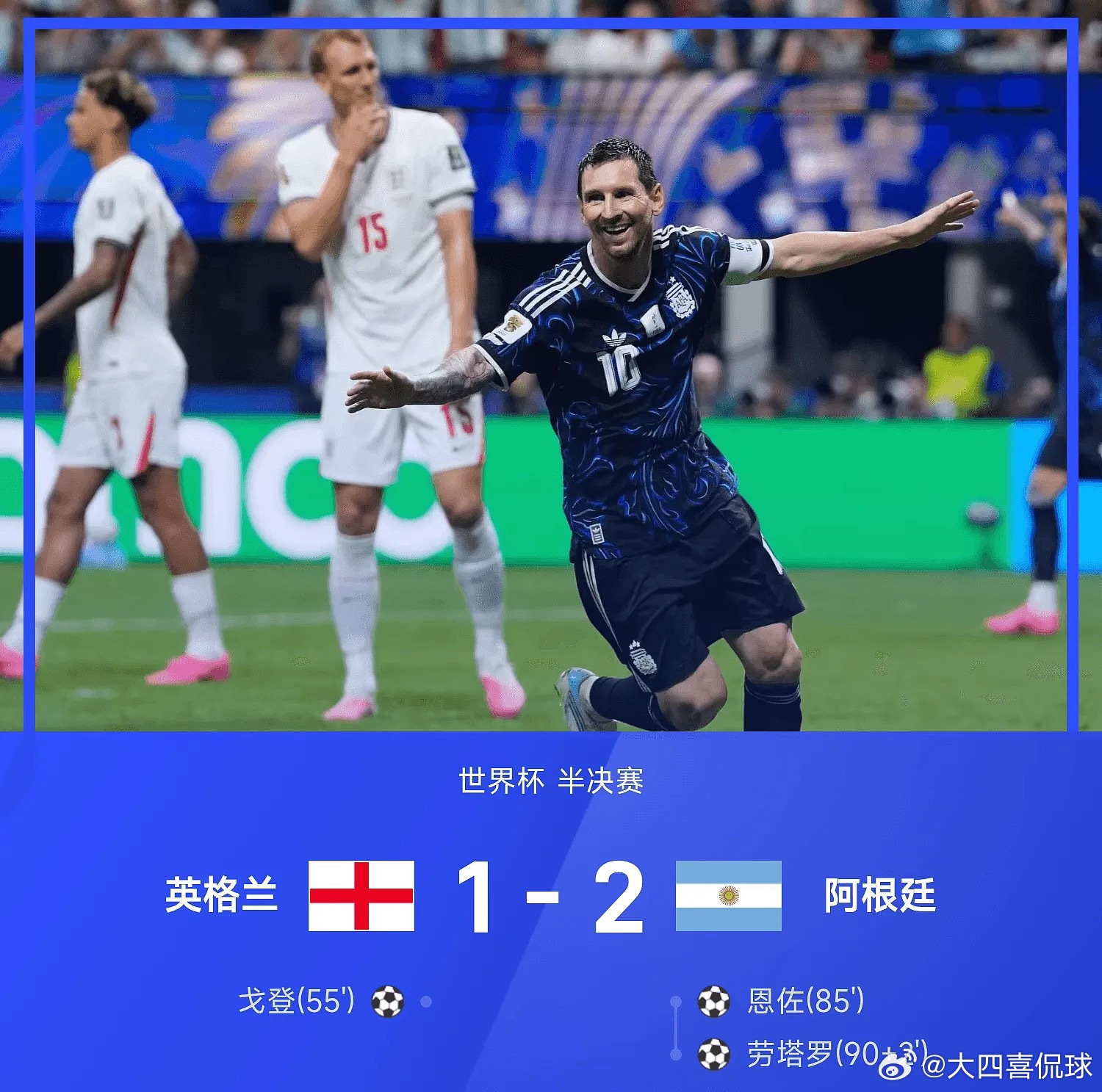 世界杯战报：梅西助攻双响，劳塔罗绝杀，阿根廷2-1英格兰英格兰1比2阿根廷英格兰