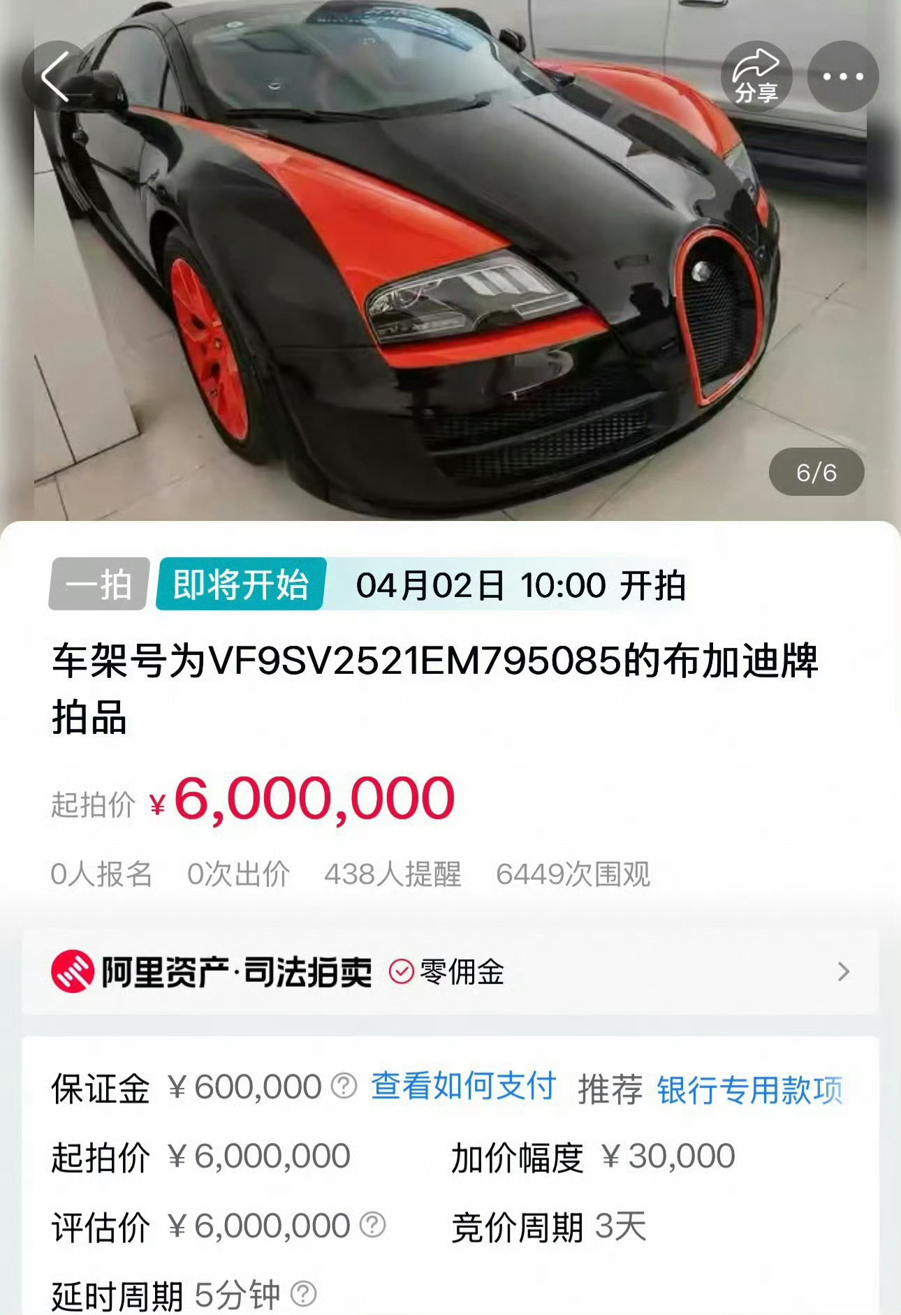 法院拍卖布加迪跑车强调无法上牌这种车反正也开得少便宜点买回去摆在车库里也挺得劲