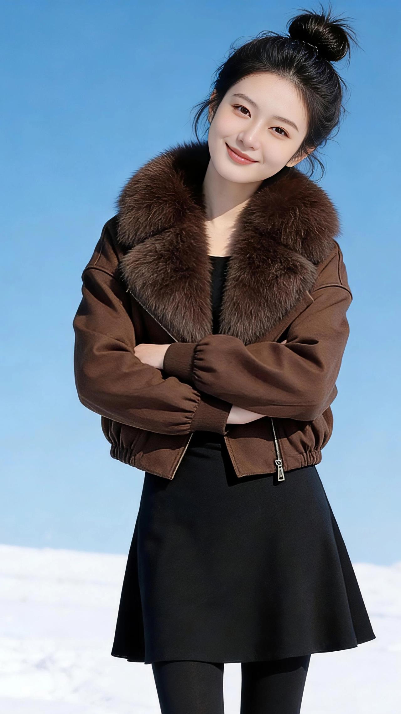 雪色棕影
 
冬日的蓝天被洗练得澄澈如琉璃，漫山的白雪铺成了无边的素笺，而她是笺