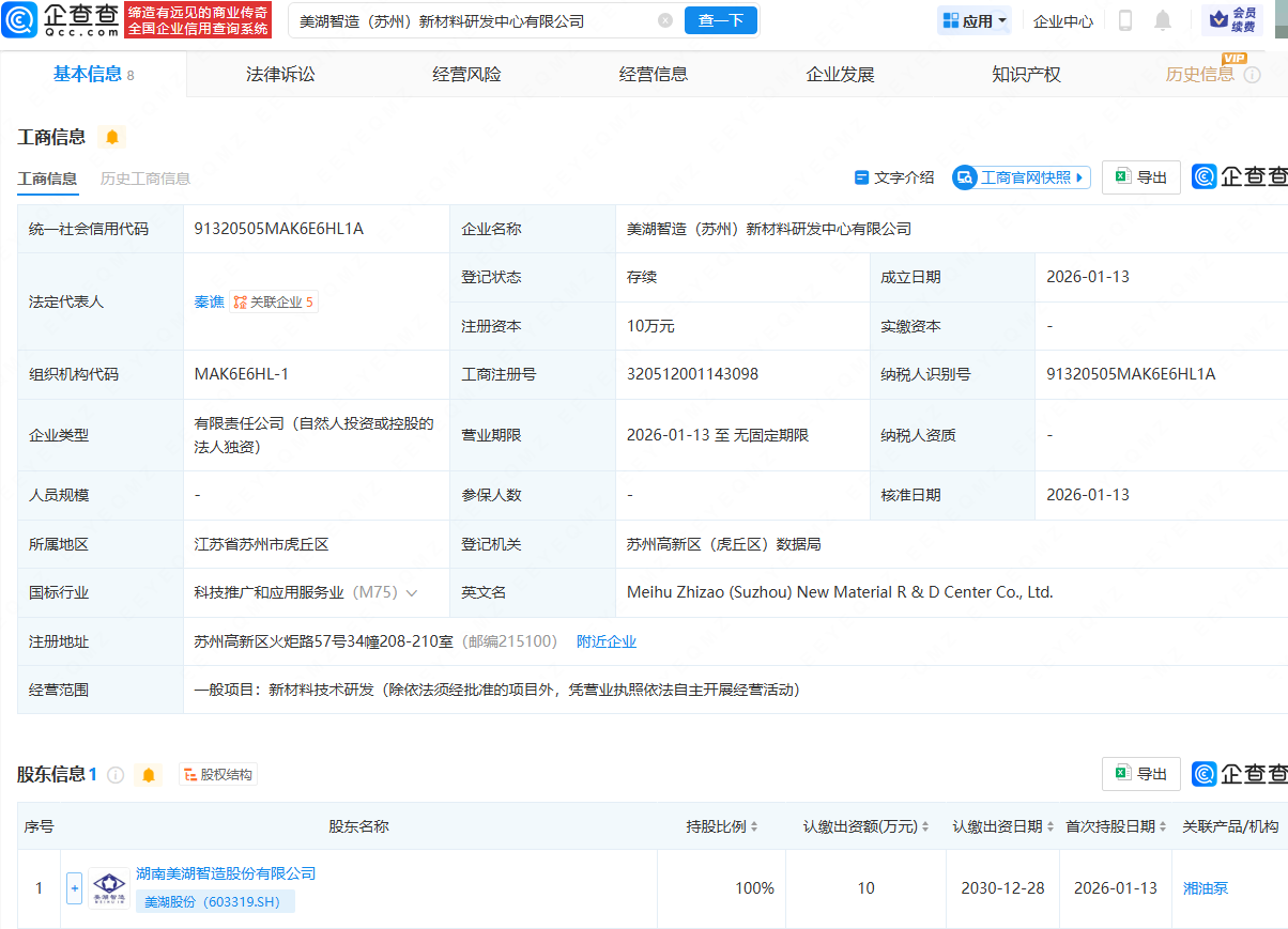 美湖股份在苏州成立新材料研发中心公司