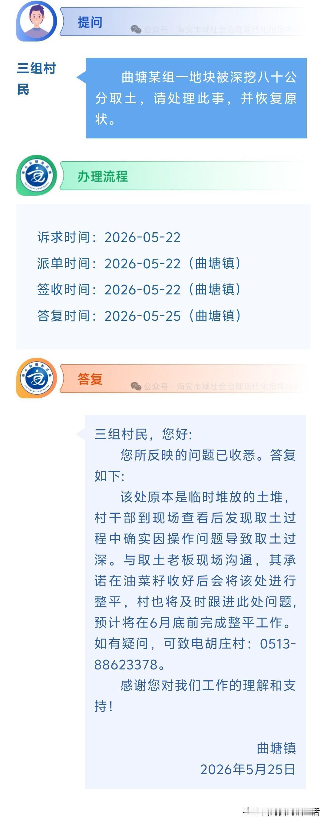 海安网友反映:  曲塘某组一地块被深挖八十公分取土，请处理此事，并恢复原状。