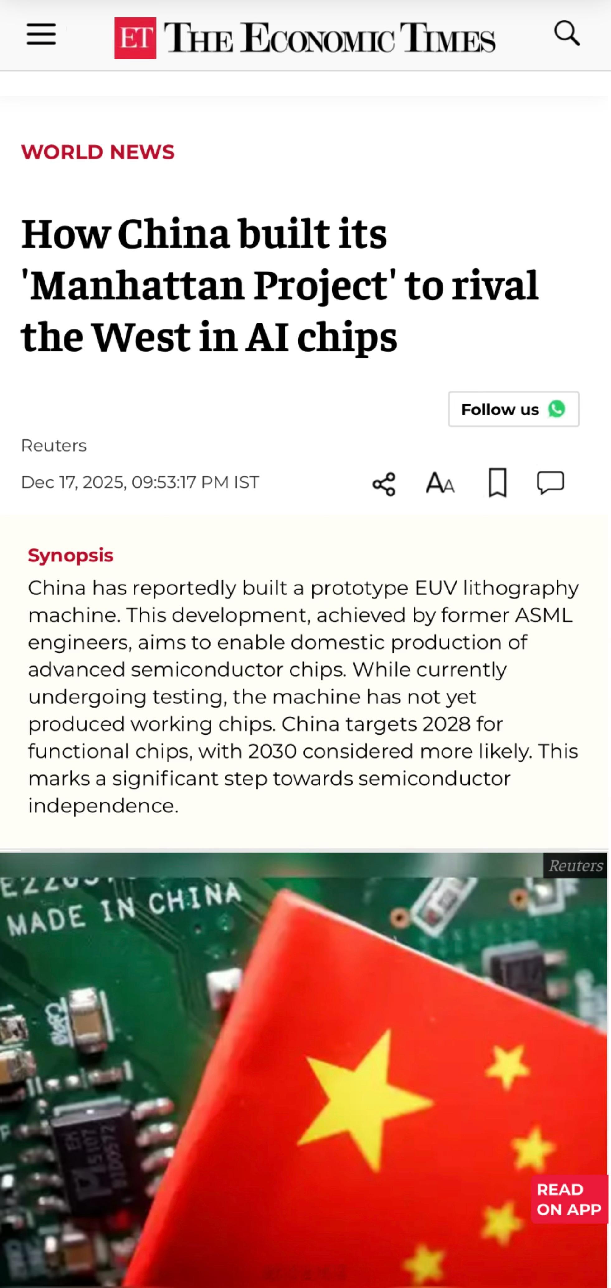 “据四位熟悉华为运营的人士透露，虽然EUV项目由中国政府主导，但华为参与了从芯片