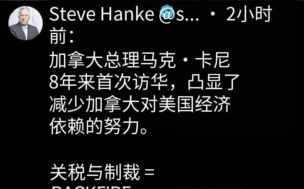 新闻快讯——史蒂夫·汉克发文称：加拿大总理马克·卡尼时隔8年首次访华，凸显加拿大