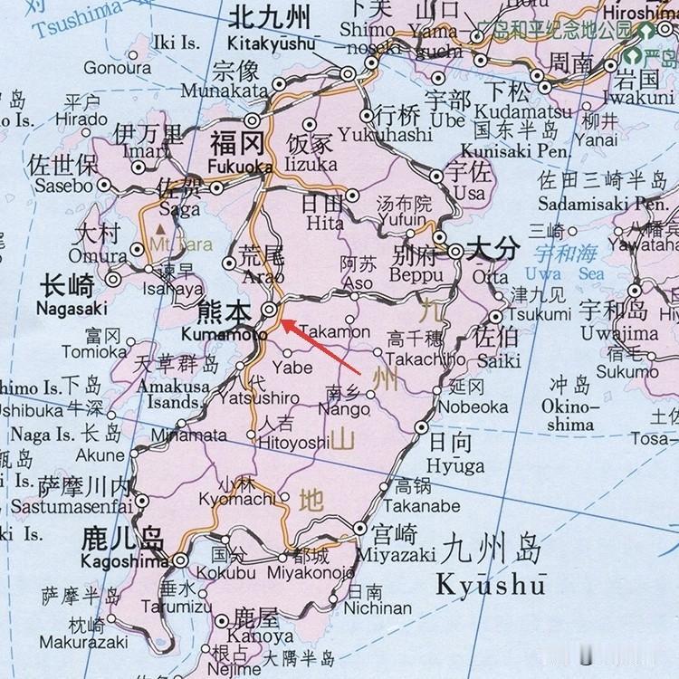 发生7.1级地震的日本熊本县具体位置在哪里？如图所示，熊本县在九州岛中部偏西的位