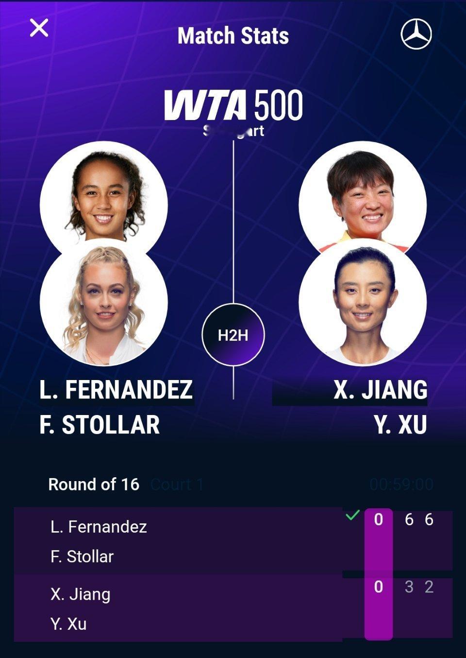 WTA500斯图加特站双打首轮，蒋欣玗/徐一璠以3-6 2-6不敌费尔南德斯/斯
