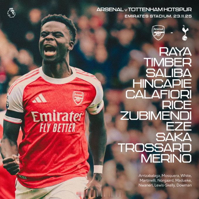 首发：拉亚、廷贝尔、萨利巴、因卡皮耶、卡拉菲奥里、赖斯、祖比门迪、埃泽、萨卡、特