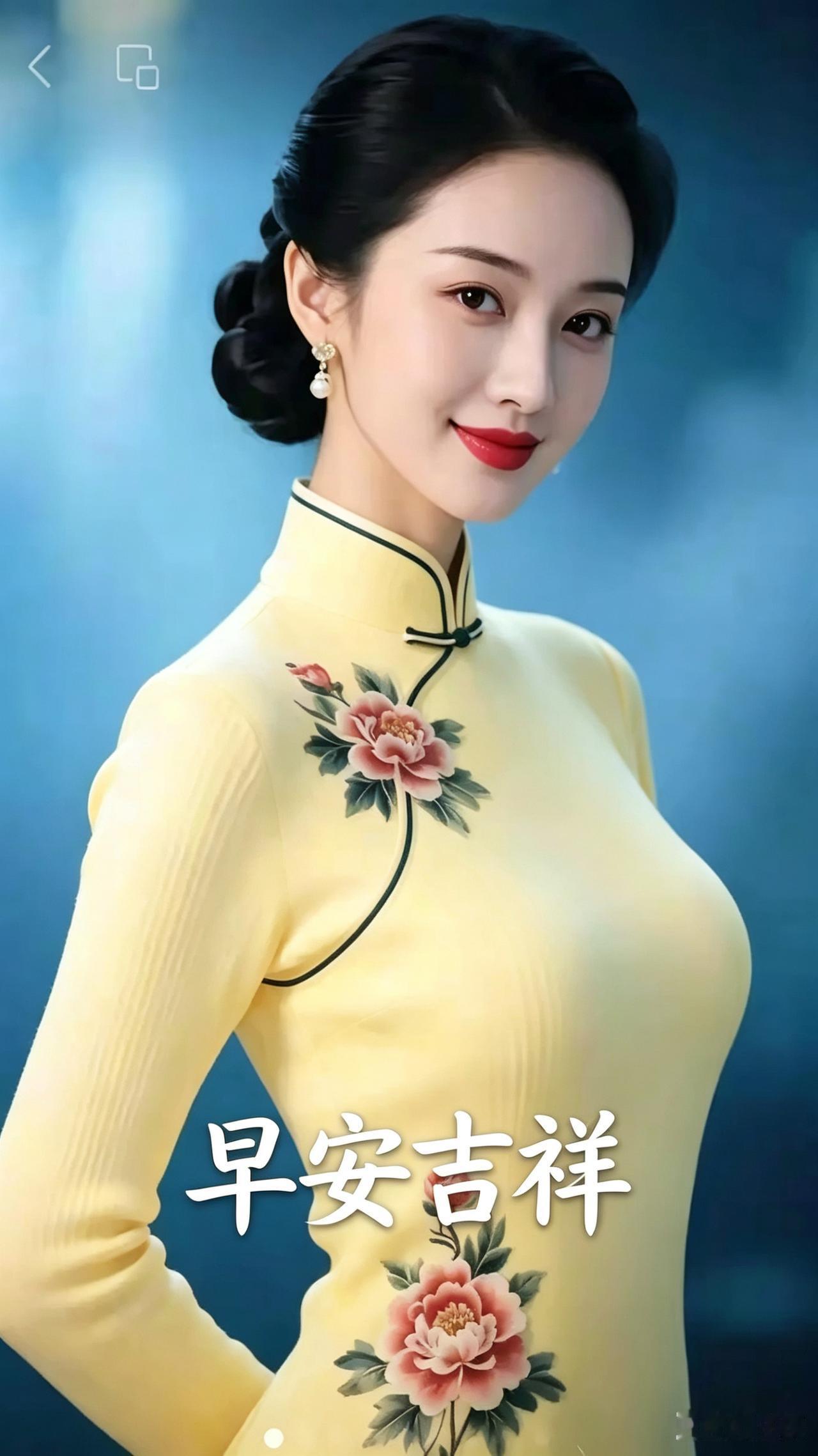 早安寄情
晨兴推牖霞盈空，
浅笑娇容韵似桐。
旗袍焕彩鹅黄嫩，
美意呈祥岁月融。