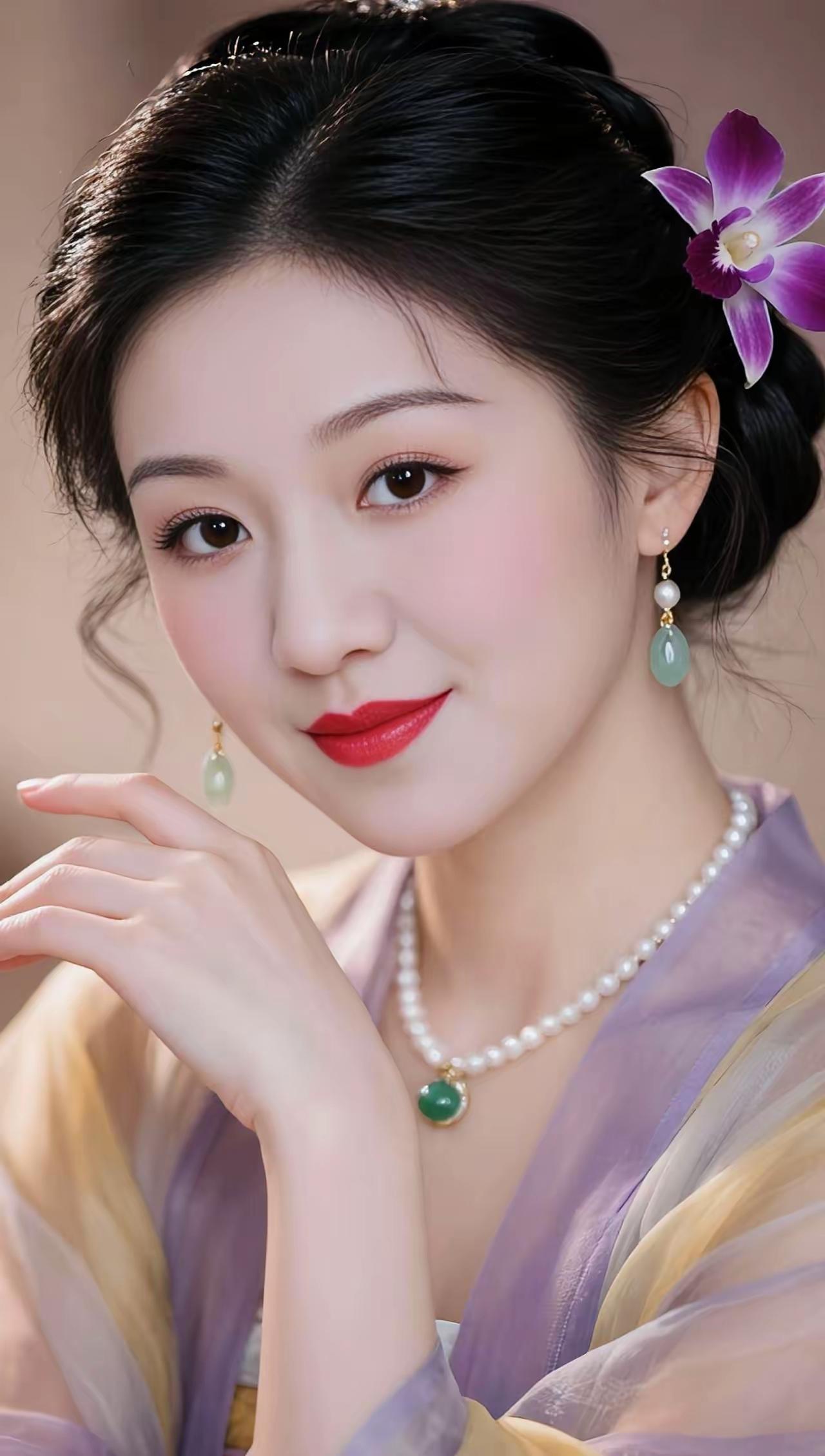 优雅古风美人，紫色花簪点缀，珍珠项链点缀，红唇微笑，古典韵味十足。