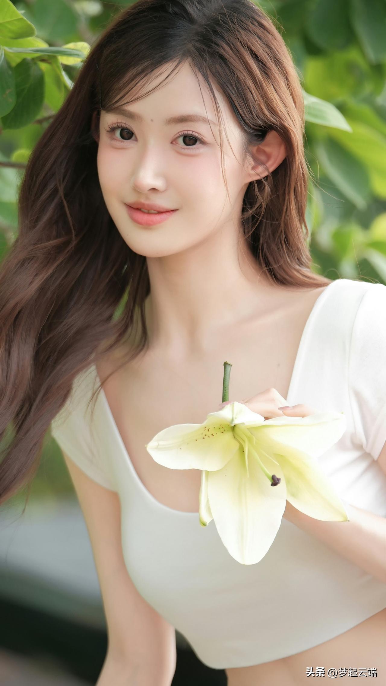 清新自然，白衣少女与白花相映成趣，宛如夏日里的清新一瞥。🌸💐🌿