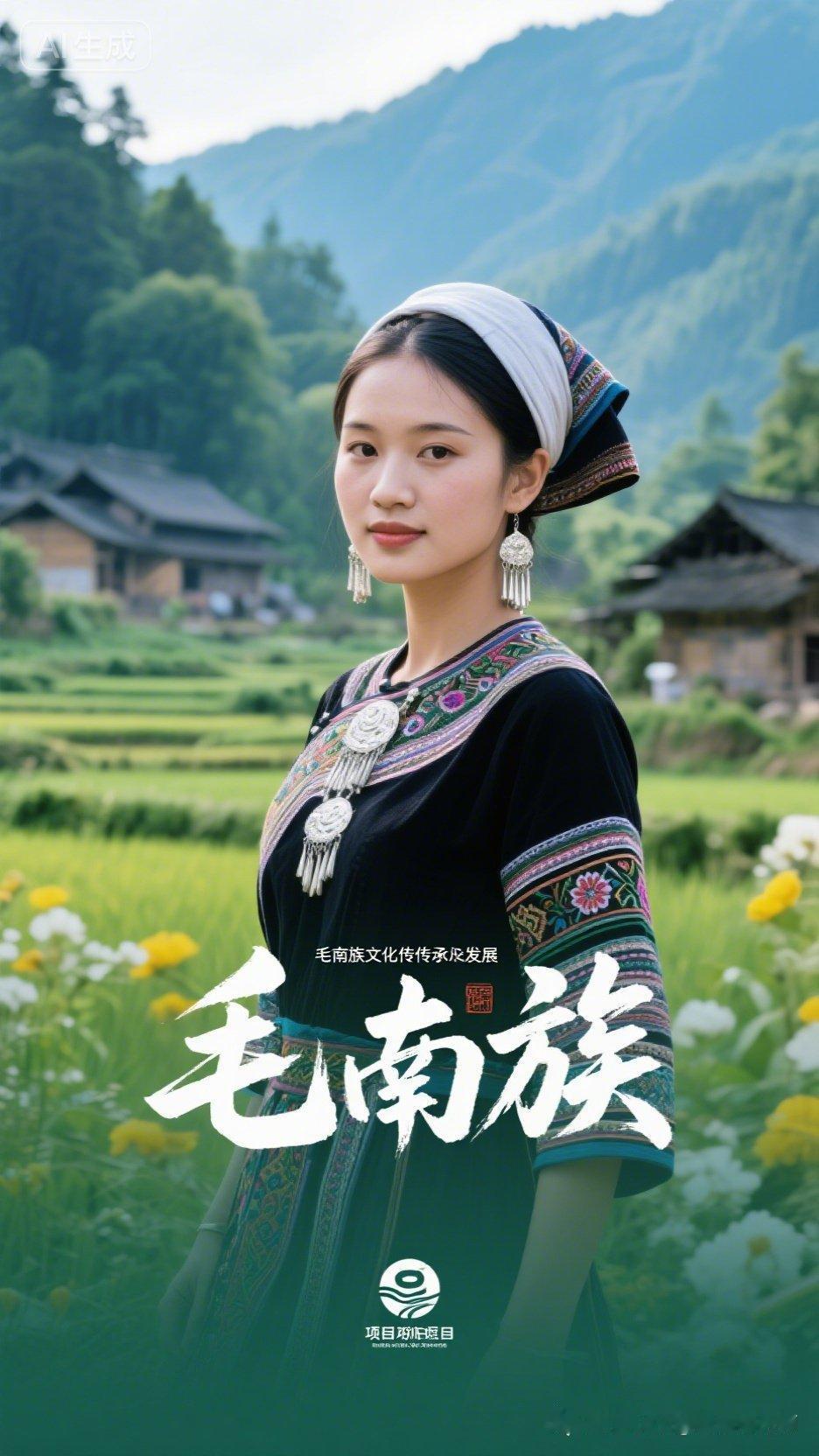 毛南族风情高清村寨，温婉女子身姿曼妙面容恬静，身着精美刺绣民族服饰与头巾，素雅银