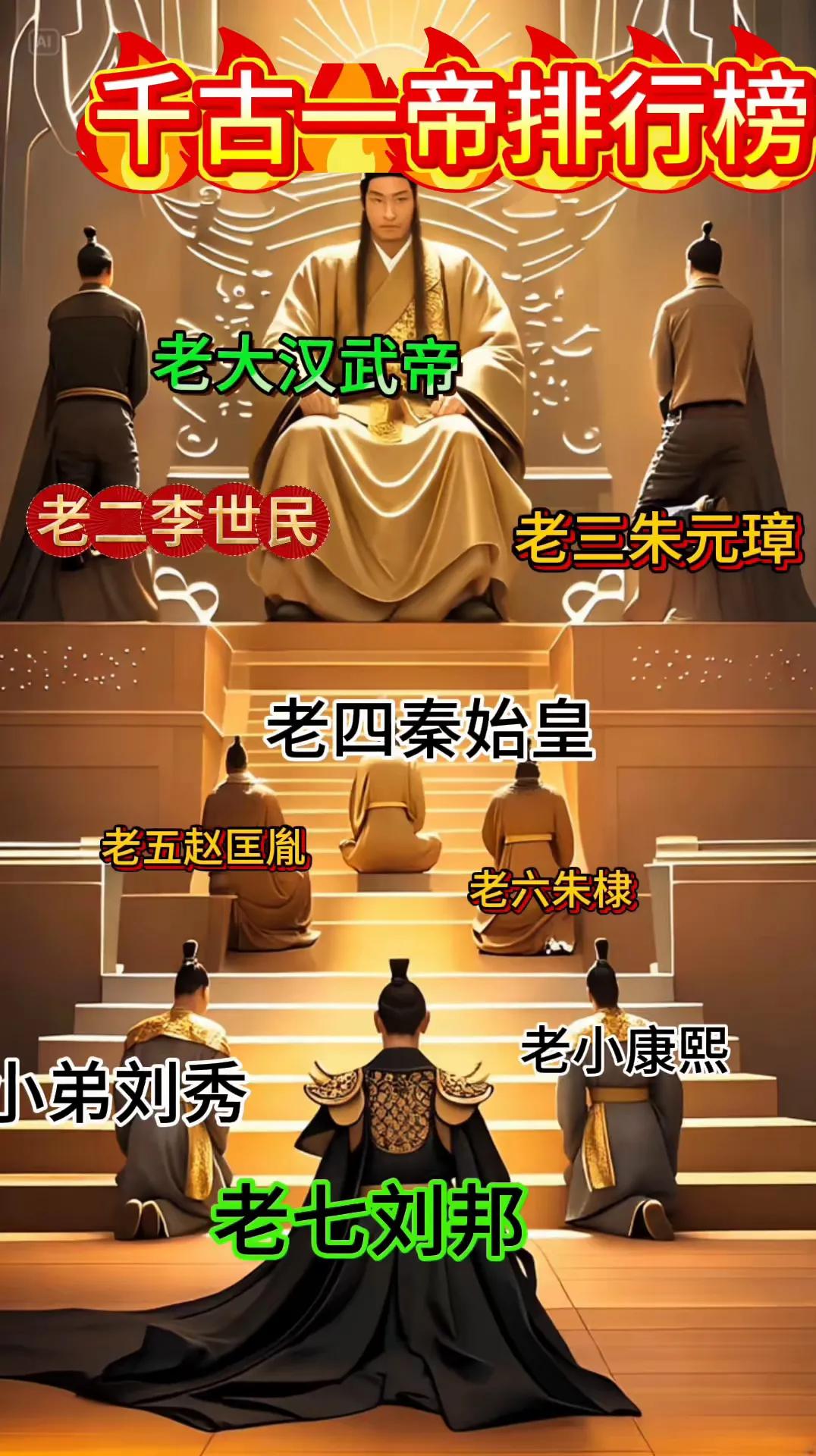 这个排名合理吗？
老大：汉武帝
老二：李世民
老三：朱元璋
老四：秦始皇
老五：