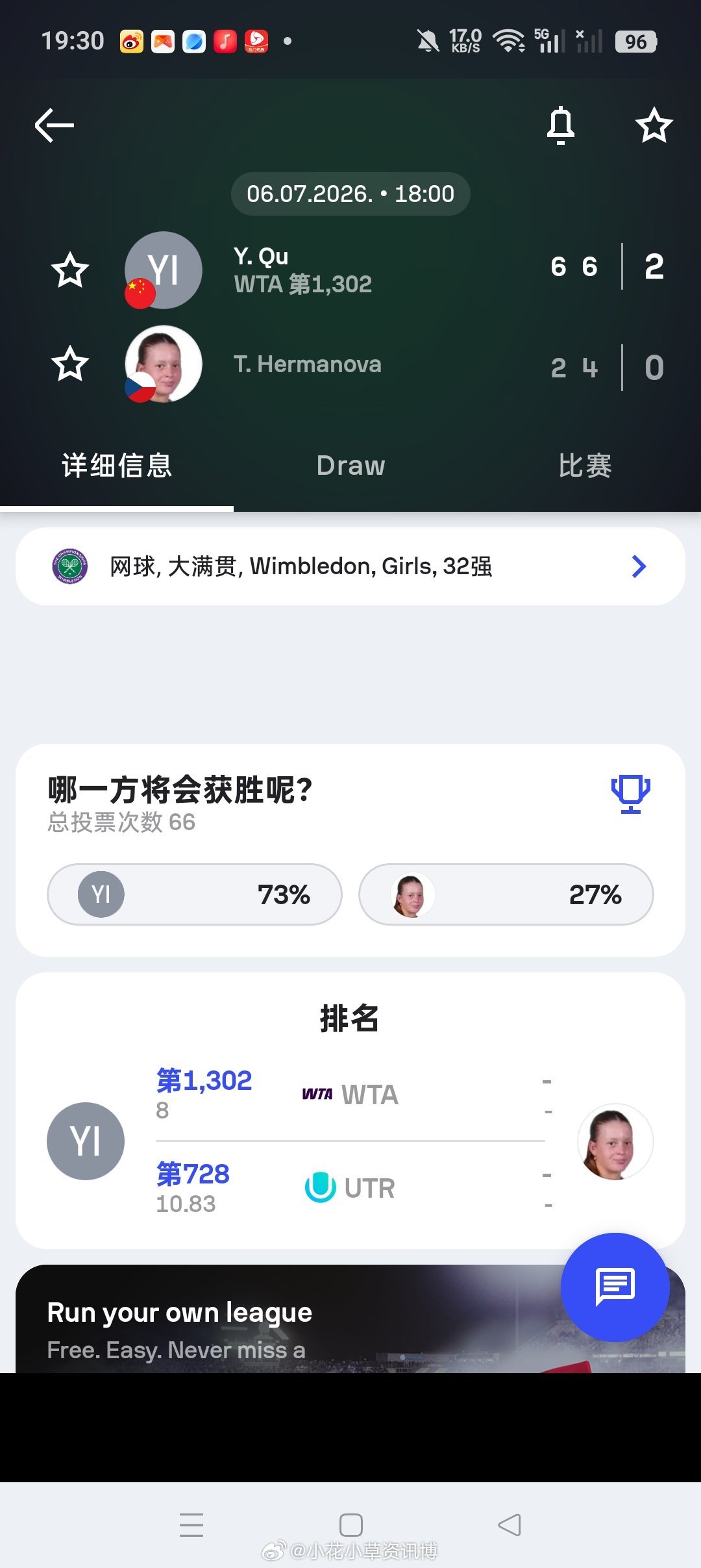 小花小草资讯 【温网2026】女单青少年第二轮:🇨🇳渠依含6-26-4击败?