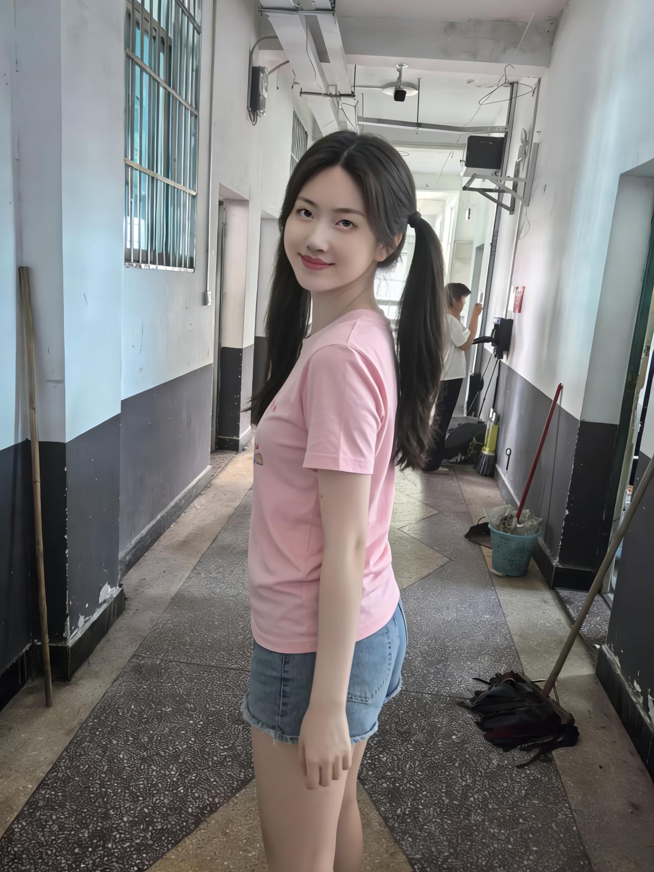 粉衫蓝裈立廊隅，双髻垂肩笑靥舒。
无需胭脂增秀色，青春原本是明珠。