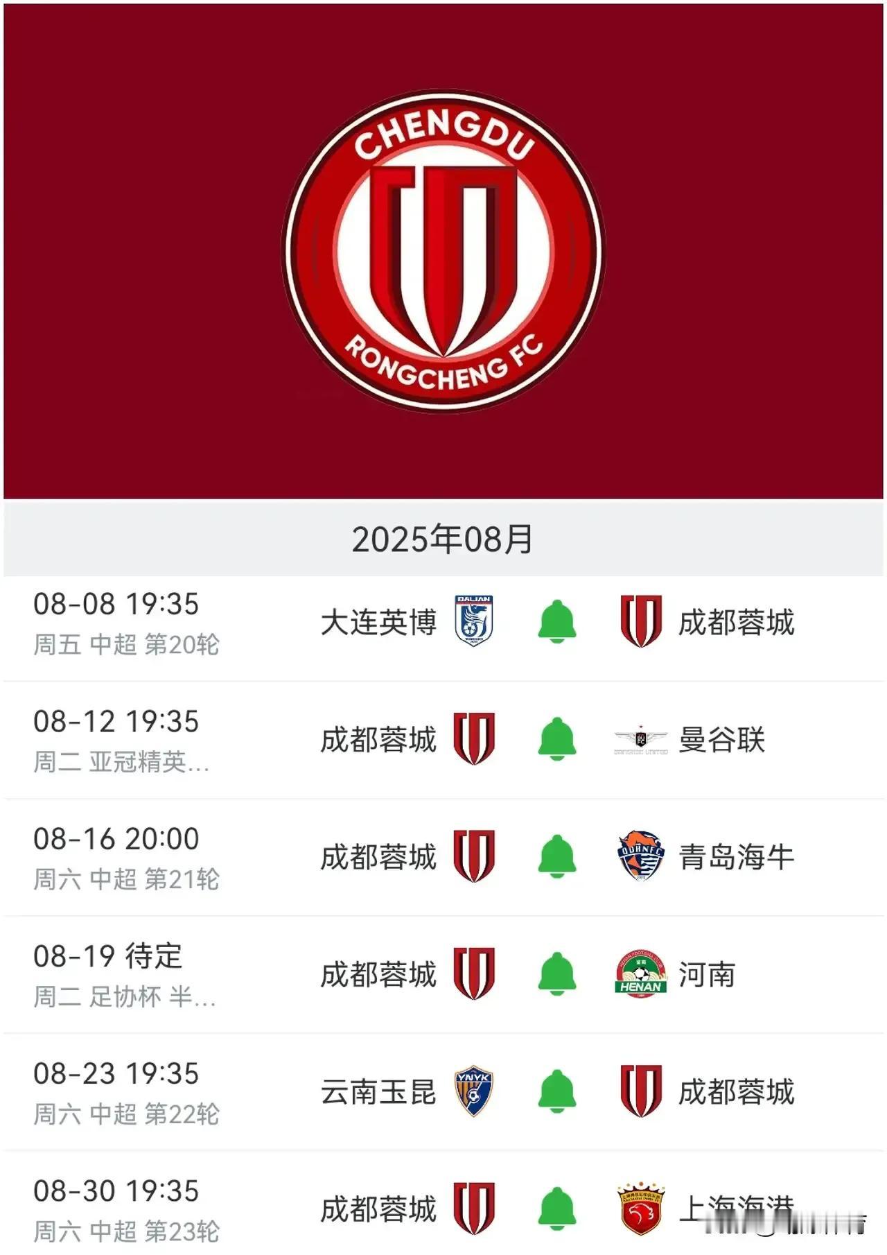 成都蓉城8月份打7场顶级比赛，创中国足球历史之最，艰难程度在中超排名第一。于是有