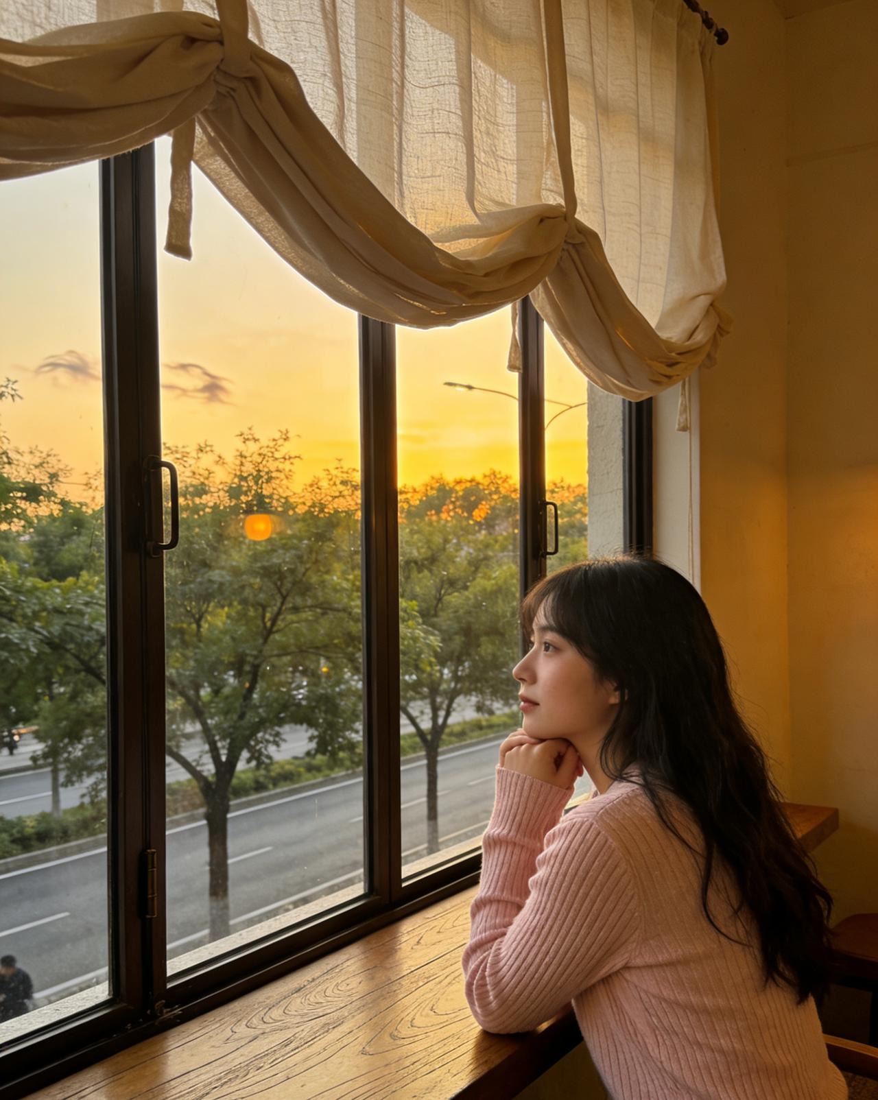 夕阳西下，望向窗外，思考人生。