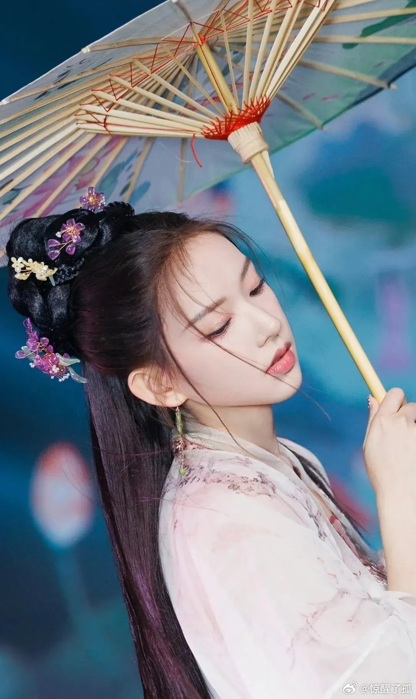 程潇身着浅纹汉服，执花伞垂红流苏，发髻缀饰，尽显温婉古韵。 ​​​