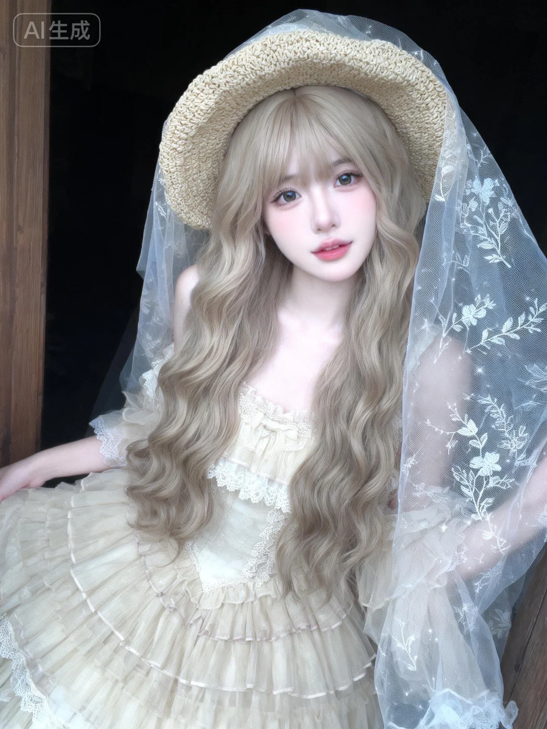 绝色美少女，冷白皮，美艳无双，出水芙蓉，亚麻色波浪卷长发，身着米杏色的...