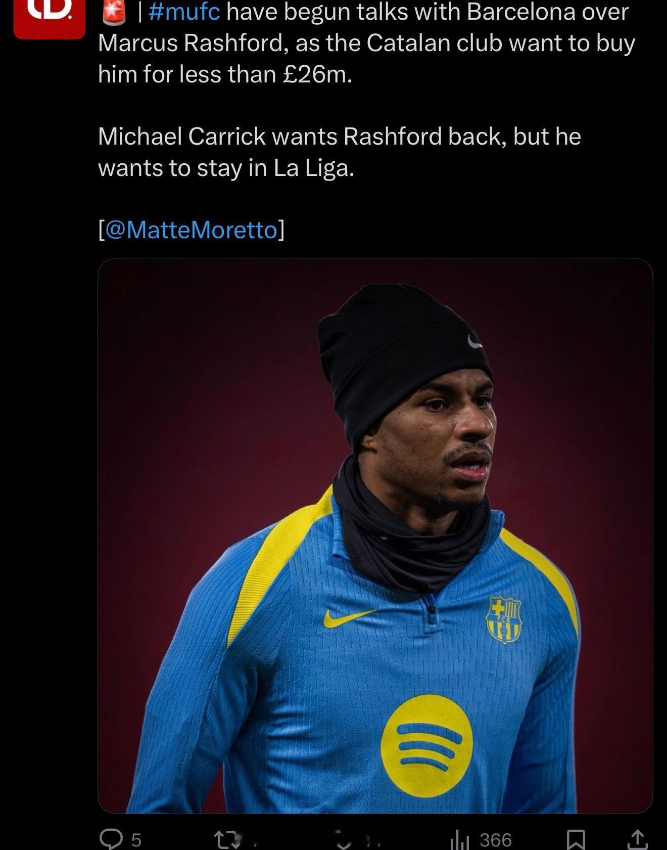 曼联开启与巴萨就拉什福德转会的谈判，巴萨出价不会超过2600万（真便宜）。卡里克