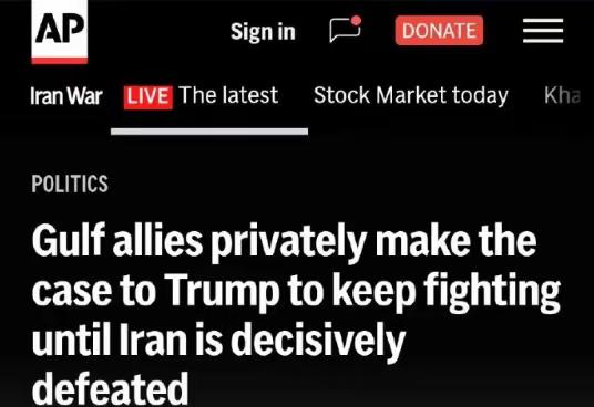 据美联社消息，阿联酋正极力敦促美军不要停战，科威特和巴林也支持这一行动。

沙特