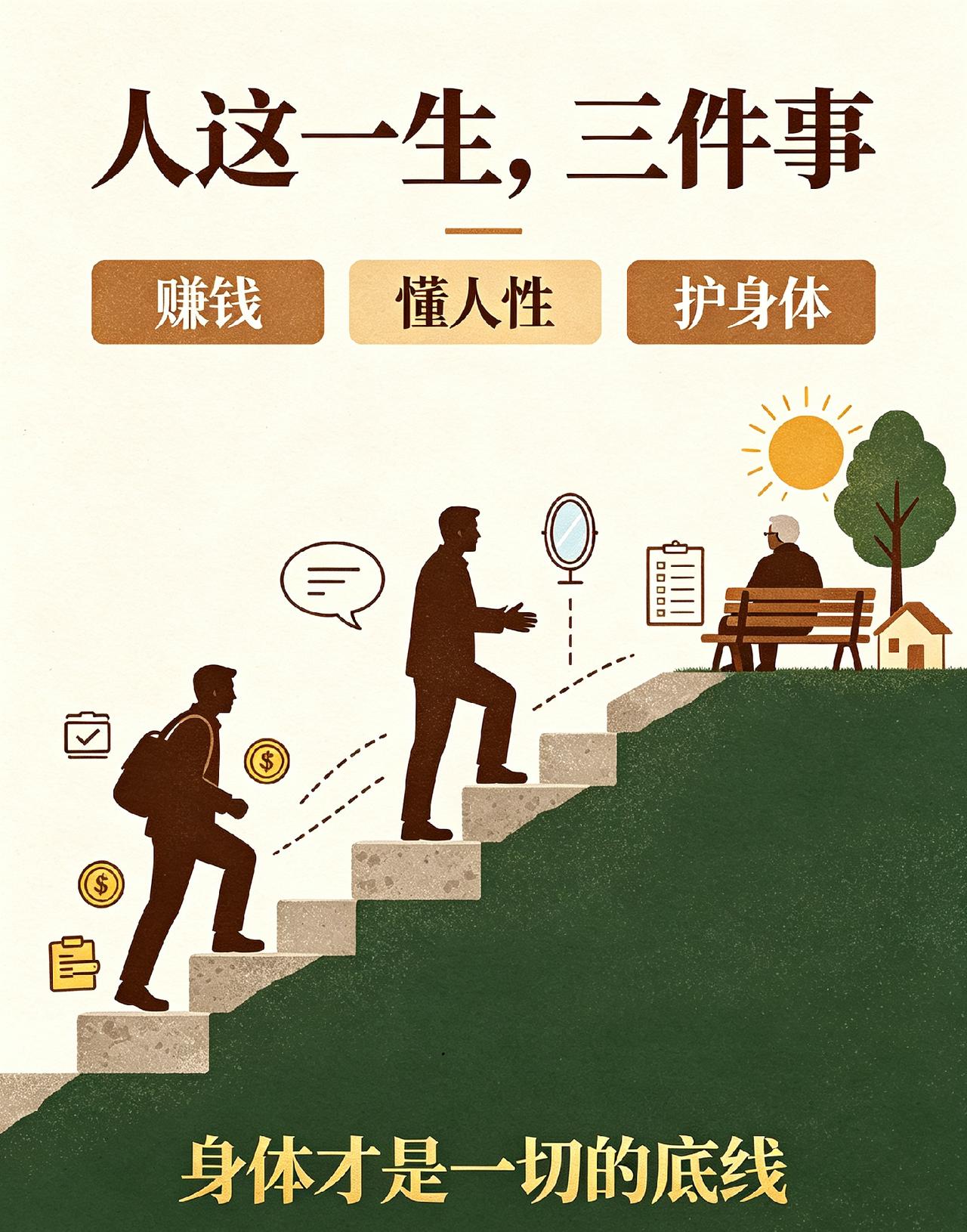 人这一生，终究会醒悟的三件事
 
人这辈子，说白了就三件事：赚钱、懂人性、护身体