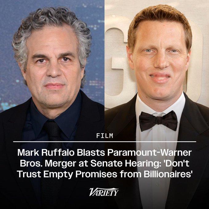 参议院近日举行听证会。会上，马克·鲁法洛痛批派拉蒙与华纳兄弟的合并案，警告此举将