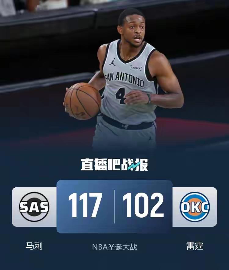 马刺太猛了，半个月内三杀卫冕冠军雷霆！12月26日NBA常规赛，马刺客场117 