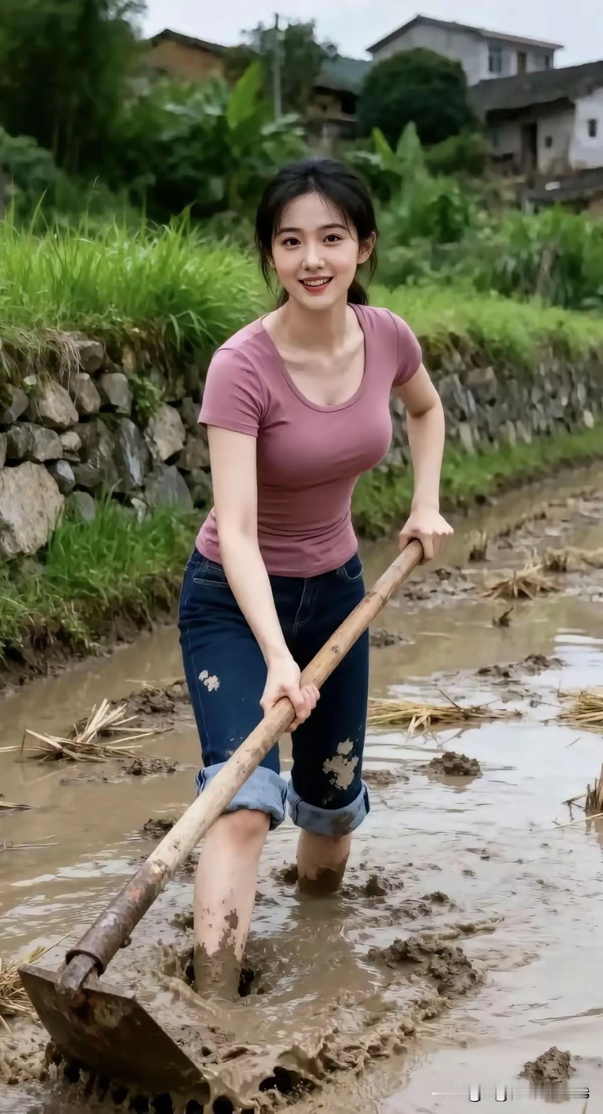 这位美女实堪怜，四季耕耘在亩田。遍体尽沾黄土泥，朝出暮归整日煎。三餐果腹心自安，