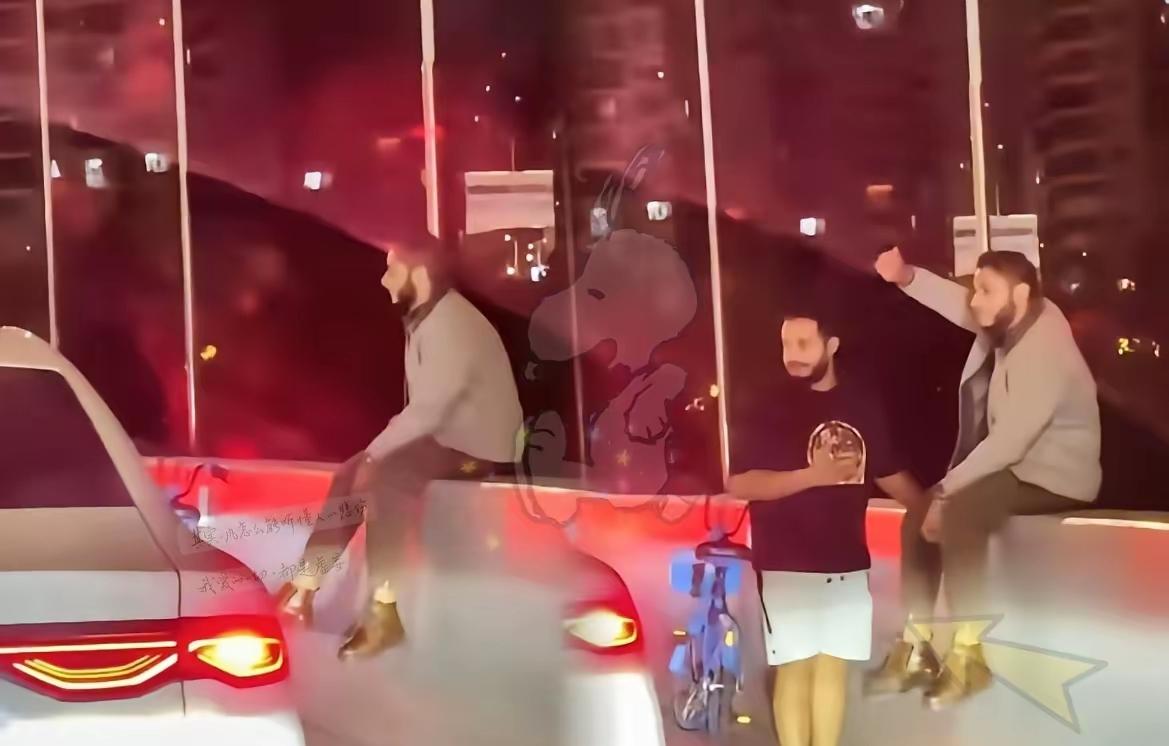 高架路上惊现“洋骑士”？两外国友人骑着共享单车就闯了禁行，在堵成长龙的车流里，后