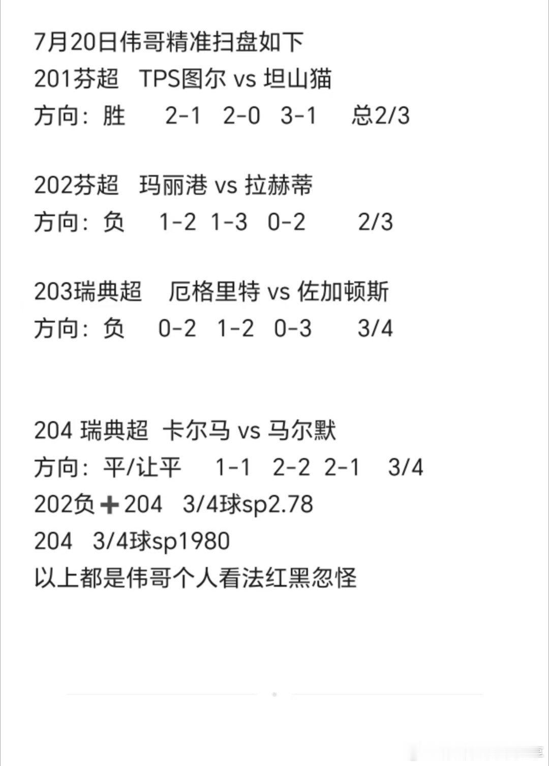 7月20日伟哥精准扫盘如下置顶回家201芬超   TPS图尔 vs 坦山猫202