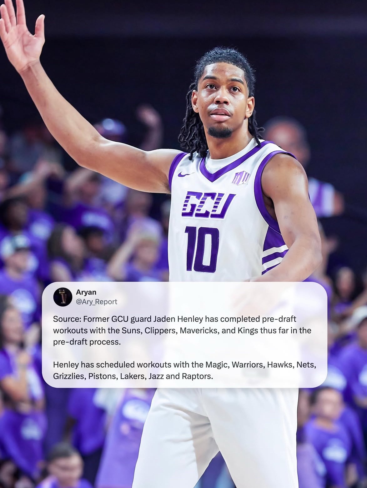 GCU大峡谷大学发了自家球员Jaden Henley的试训计划，已经和快船会面过