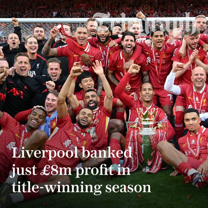 电讯报：利物浦上赛季夺得英超冠军，但利润仅为800 万英镑。母公司芬威体育集团的