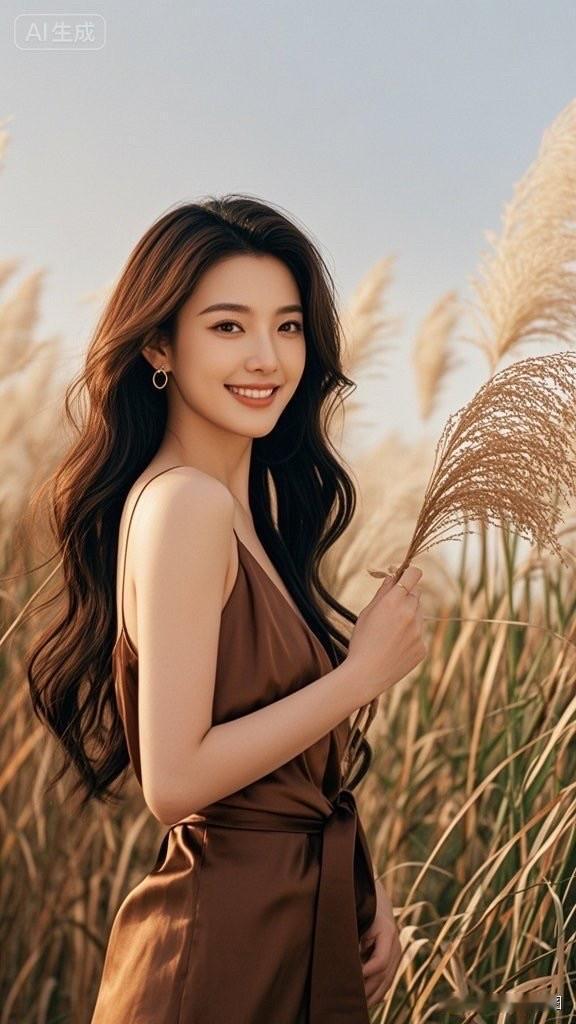 在田野中，微笑的少女与麦穗相伴，自然之美尽显。