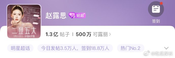 赵露思超话粉丝达500万 赵露思超话粉丝达500万，不愧是剧花~赵露思超话粉丝5
