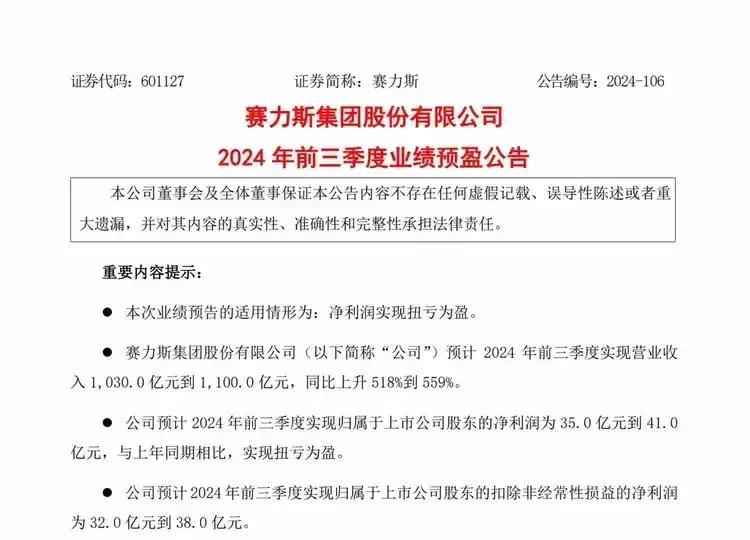 华为培养出一个世界500强公司！赛力斯前三季度实现收入1100亿元，预计全年15