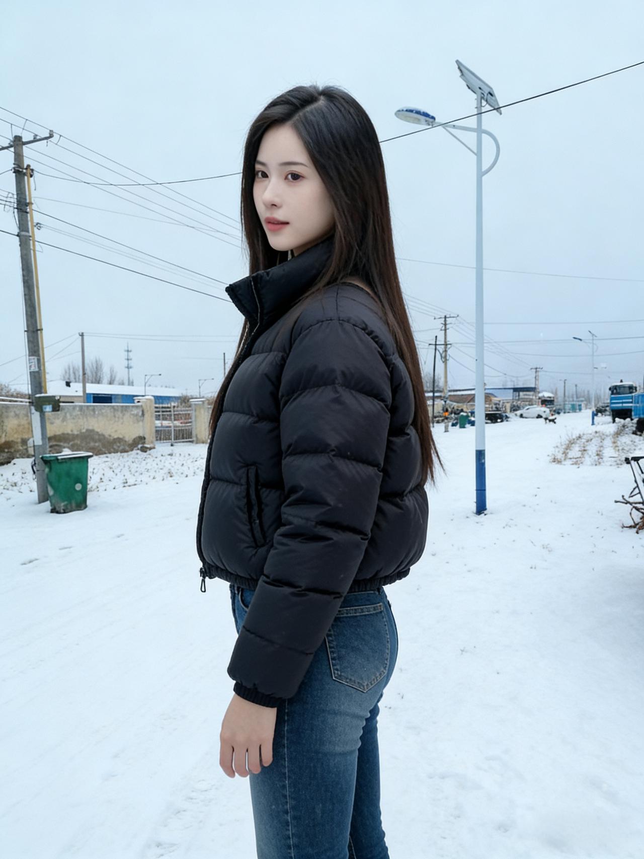 蓬松的羽绒服裹着火热体温
对抗着雪野的侵骨严寒
睫毛上的凉意，是风的试探
她转头