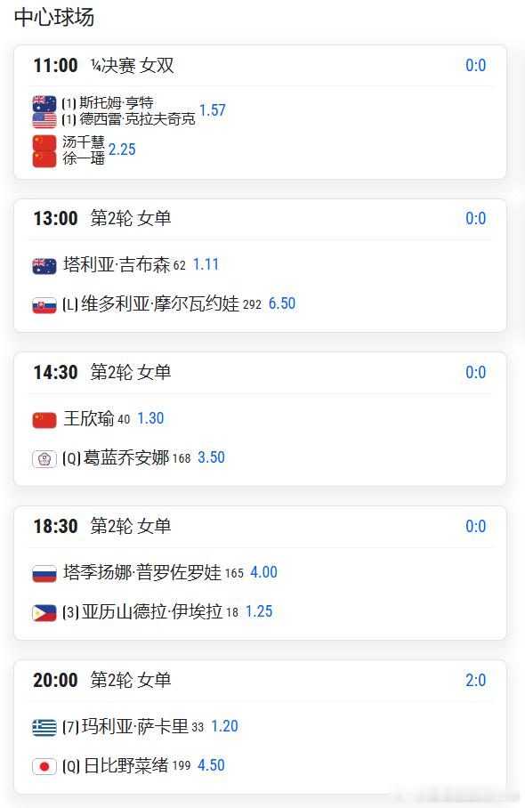 WTA网球 9.24日赛程中国球员王欣瑜和马烨欣分别出战WTA500新加坡第2轮