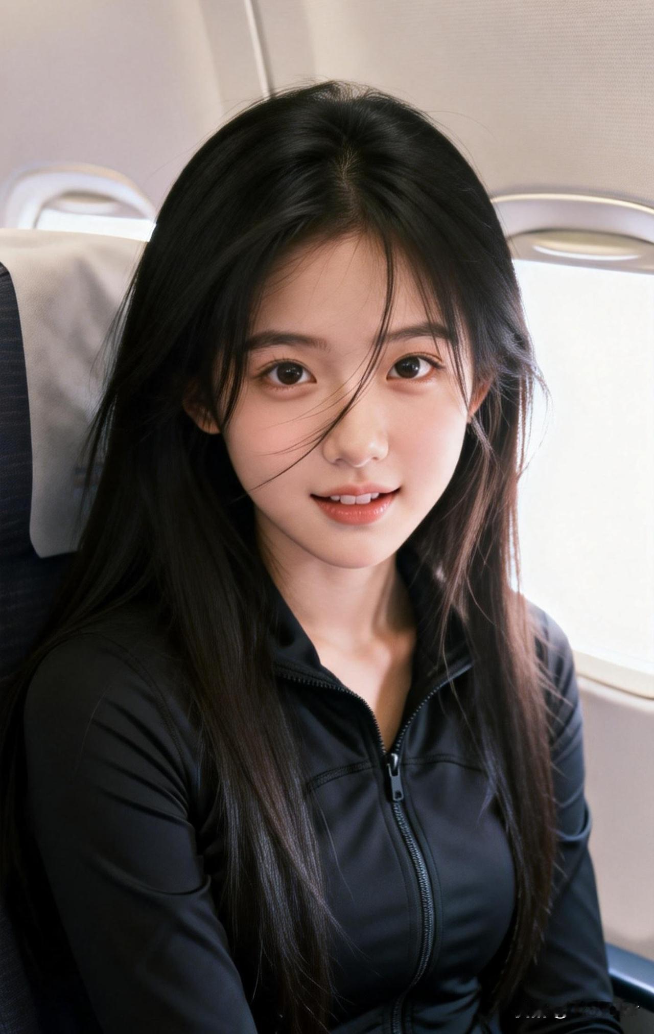 元气少女坐飞机，微笑面对旅程😊
