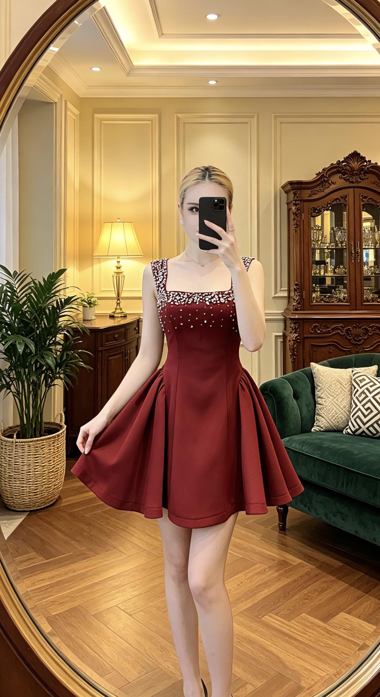 高定轻奢重工水钻串珠方领背心吊带绑 收腰摆蓬蓬连衣裙礼服裙