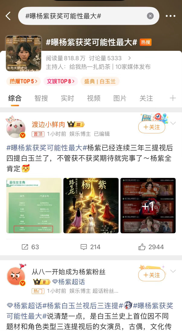 曝杨紫获奖可能性最大上烫搜了，毕竟四提了 