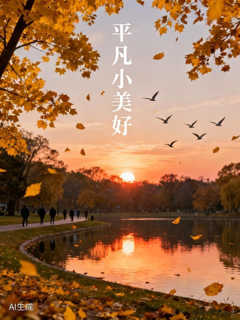 晚风轻轻吹着，树叶被夕阳染成暖黄色，湖边还有不少散步、闲聊的路人。随手用手机拍了