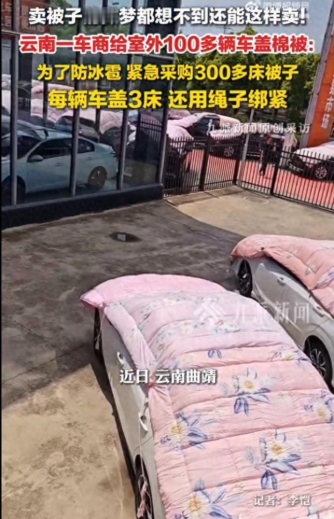 人怎么可以这么聪明？云南曲靖街头百余辆新车被棉被裹得严严实实的画面刷屏，网友戏称
