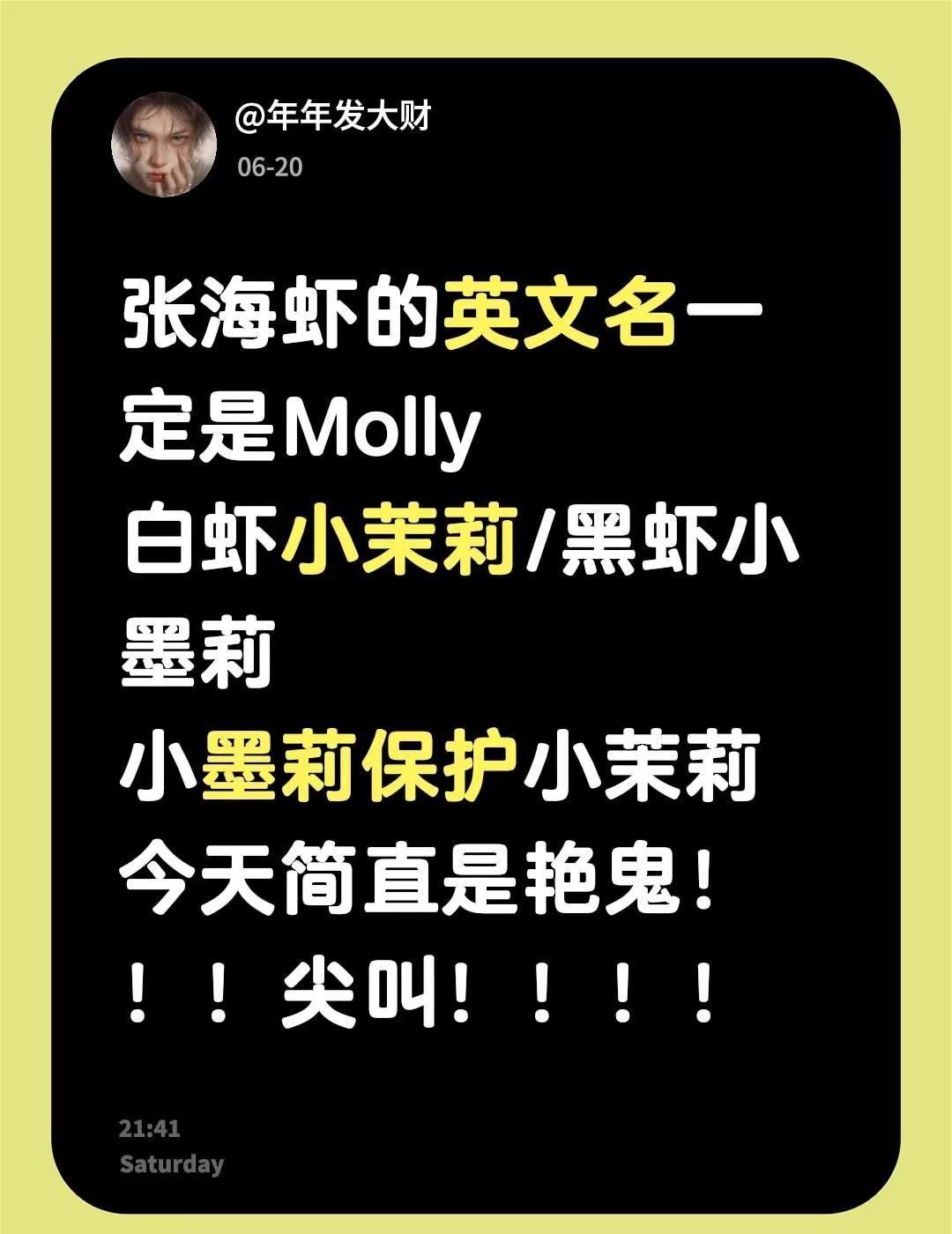 都去给我看南部档案24集！！！！张海虾的英文名一定是Molly白虾小茉莉/黑虾小