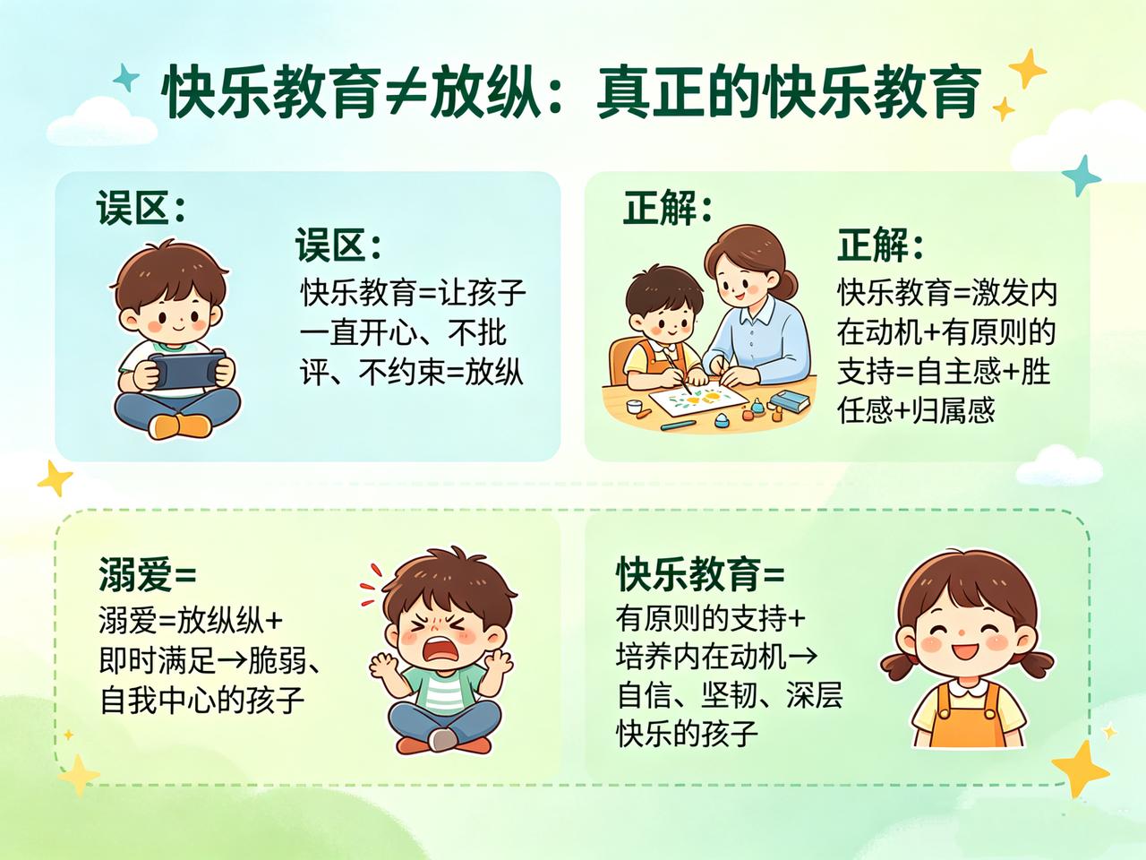一个常见的误区：
很多人误以为“快乐教育”就是“让孩子一直开心、不批评、不约束”