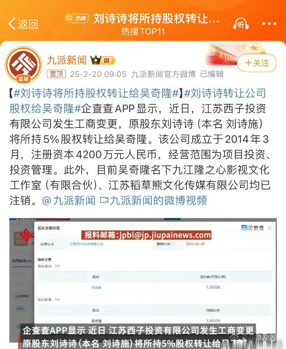 刘诗诗将所持股权转让给吴奇隆 网友说是，刘诗诗和吴奇隆在切割？？不会吧！！[哆啦
