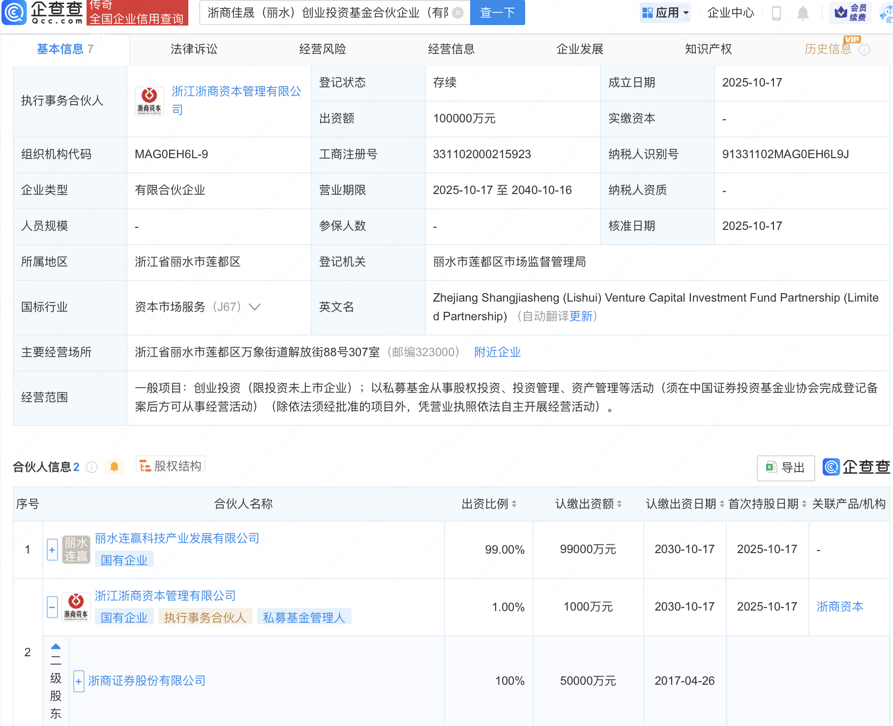 浙商证券等在丽水新设创投基金，出资额10亿